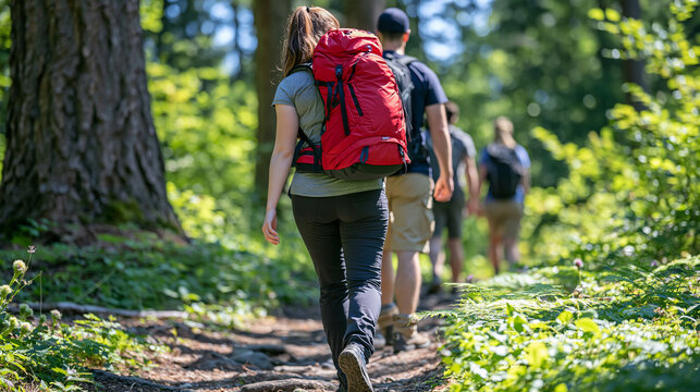 Group of young friends seen from behind walking deeper into a bright mountain woodland, backpacks over their shoulders, narrow natural trail winding between massive tree trunks, abundant wild underg