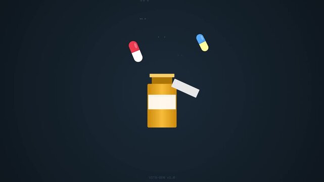 Professional minimalist flat animation of a medicine bottle with floating pill capsules on dark background