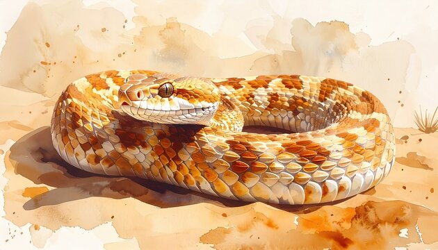 Coiled snake with patterned scales resting on sand under soft desert sunlight and warm tones