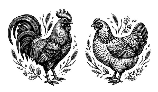 Detailed black and white rooster and hen illustrations with decorative botanical elements isolated on white background