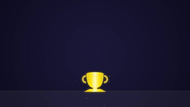 Minimalist animation of a glowing gold trophy cup on dark blue background for achievement