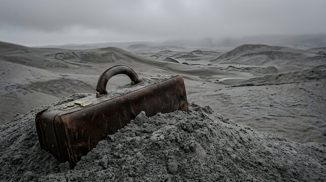 Weathered leather suitcase buried in gray volcanic ash across a desolate wasteland conveying apocalyptic disaster themes and abandoned travel plans
