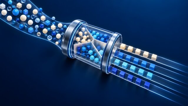 Abstract representation of a futuristic sorting mechanism organizing mixed geometric data particles into categorized streams