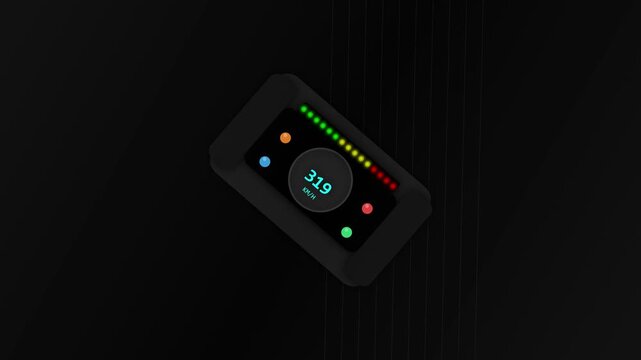 Modern digital racing car dashboard display showing high speed at night in a dark setting