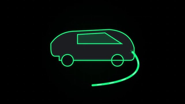 Luminous green neon electric vehicle icon charging on dark digital grid background