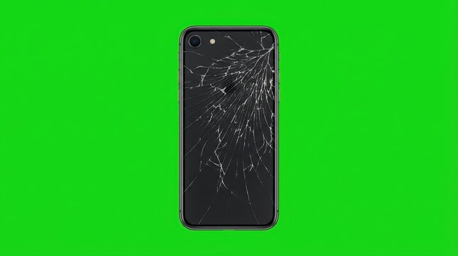 Damaged mobile phone with shattered back glass on green screen background, concept of broken technology