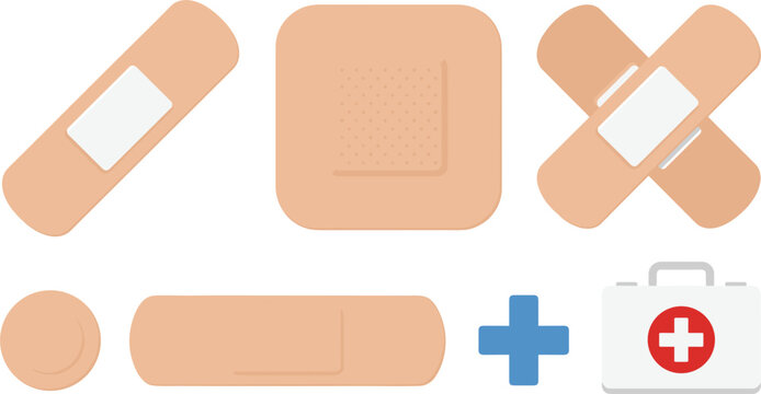 Medical Bandage and First Aid Kit Vector Set Featuring Various Shapes of Adhesive Plasters Strips Cross Patches and Emergency Icons for Health Care Designs