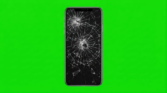 Isolated view of a contemporary mobile phone featuring a severely cracked and damaged screen, presented on a solid green chroma key background for easy compositing and visual effects