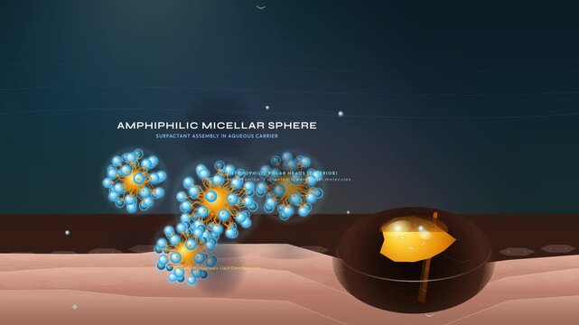3D animation of micellar water science showing amphiphilic spheres extracting impurities from skin pores and restoring epidermal equilibrium
