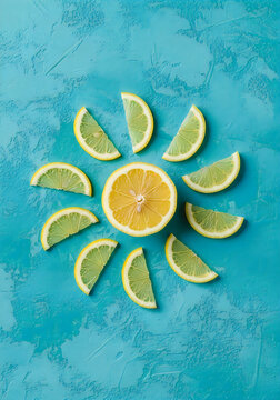 Fresh yellow lemon slices arranged in a circular flower pattern on a textured bright blue background