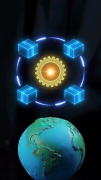 Miniature world globe model vertical shot with glowing gear and orbiting cargo delivery boxes above. Global supply chain logistics management, international freight distribution, and trade concept.