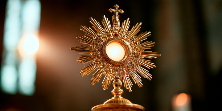 Corpus christi golden monstrance eucharist display for adoration in church with light shining from window view 