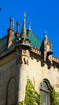 Unique historic architecture. The picture shows a historic building with distinct rooftops and greenery growing on its walls.