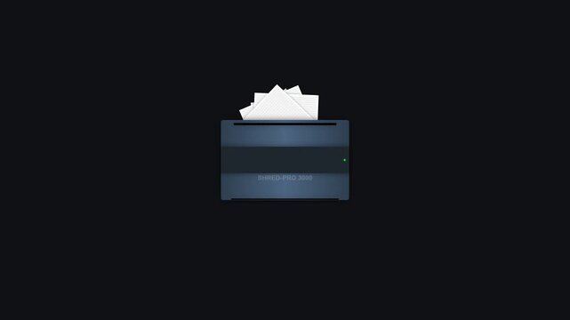 Minimalist 3D animation of a paper shredder destroying sensitive documents for data privacy protection