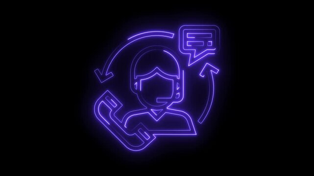 Glowing neon customer service hotline with headset and telephone support loop