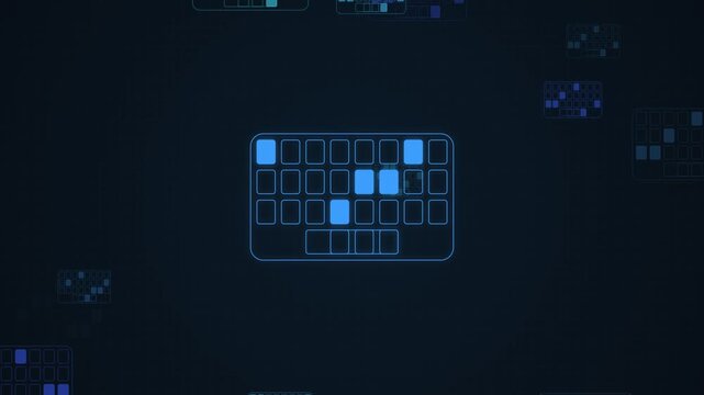 Abstract blue technology interface with glowing computer keyboard icons for cyber security concepts