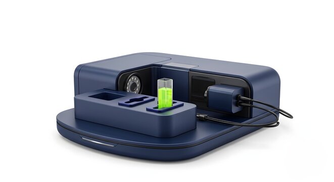 3D minimal deep navy spectrophotometer cuvette holder on white background