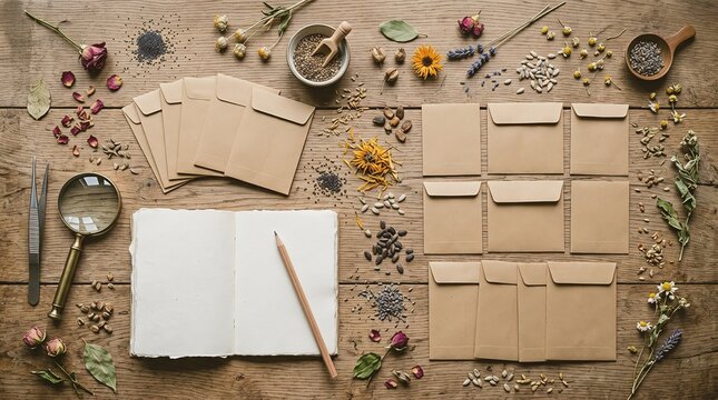 Flat lay of an old open botanical journal with a pencil, magnifying glass, tweezers, craft envelopes, seed packets, and dried flowers