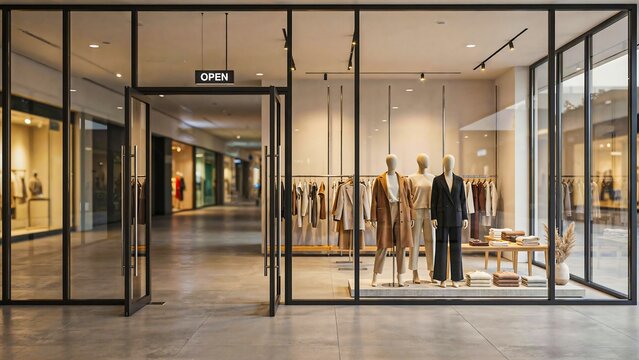 Modern clothing store interior with glass entrance and elegant apparel displays