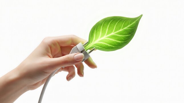 Hand holding green leaf plug as energy efficiency icon