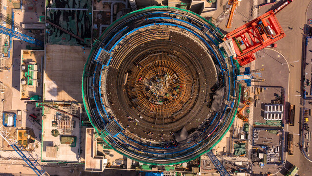 Aerial Top View of Large Circular Construction Site Under Development