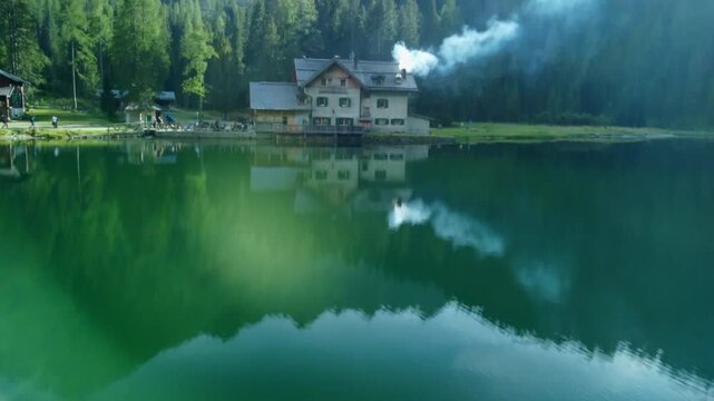 Drone lake cabin forest reflection aerial forward tilt up shot of a scenic alpine lodge with smoking chimney on a calm green pond surrounded by dense pine woods.