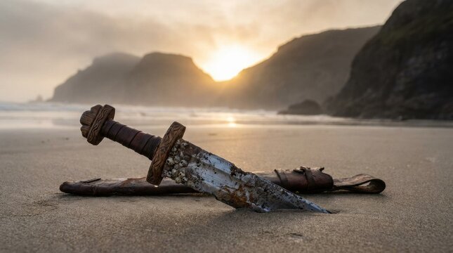Rusty medieval Viking era sword and scabbard half buried in sand on a dark stormy beach at sunset with misty mountains in background evoking lost battle or ancient saga