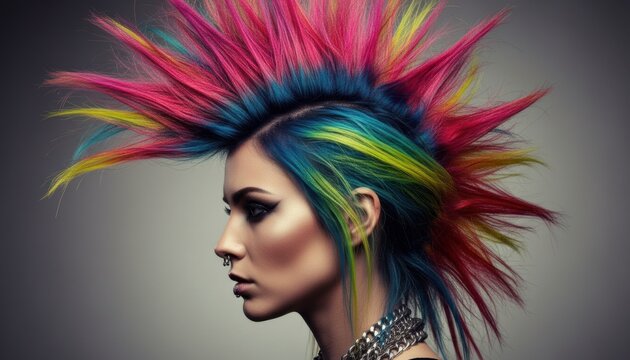 Profile view of a woman with dramatic eye makeup and a colorful punk mohawk hairstyle in vibrant magenta, blue, and yellow streaks