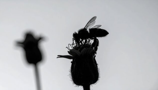 Silhouette of a bee pollinating flower on white background.