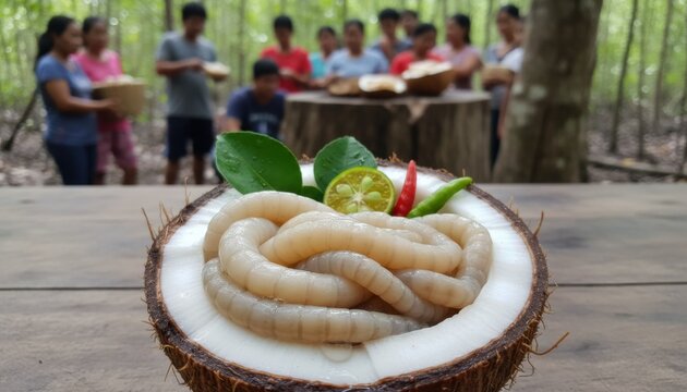 Exotic Kinilaw na Tamilok dish or mangrove worm served raw in halved coconut shell chili lime garnish