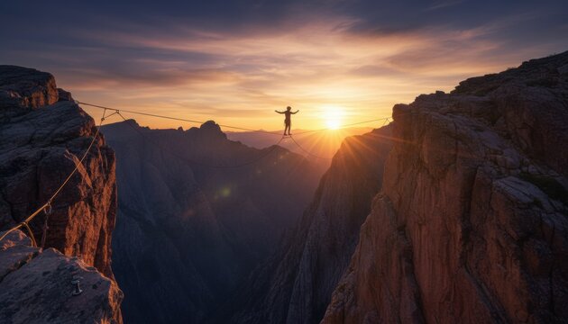Person slacklining high above a deep canyon gorge at sunset with dramatic light on the rock formations