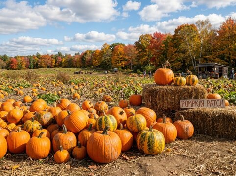Autumn pumpkin patch with colorful trees , Fall And Autumn Season, Halloween, Thanksgiving
