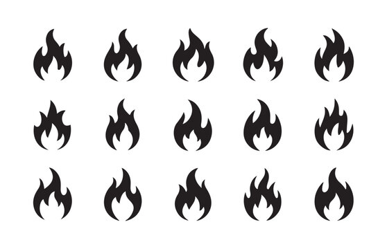 Black flat fire flame vector graphic set for hot temperature warning signs and culinary design.