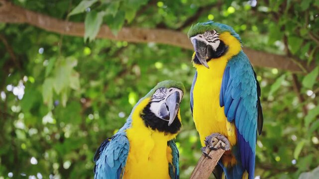 Two blue and yellow macaws perched on a branch macaw parrot bird exotic tropical macaw parrot bird exotic tropical