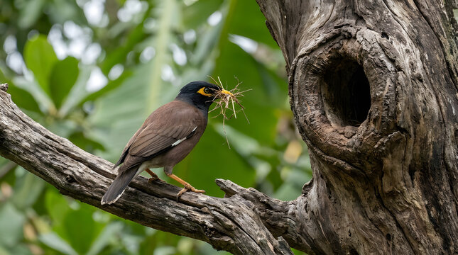 Common Myna bird with nesting material in beak perched on branch near tree hollow wildlife nature concept