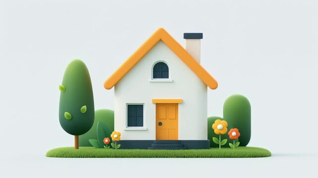 Whimsical 3d animated house on a grassy patch with swaying trees and blooming flowers, minimalist cartoon style on white background for real estate and family themes