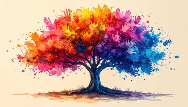 Colorful watercolor tree with vibrant handprints forming the leaves symbolizing human unity and environmental connection