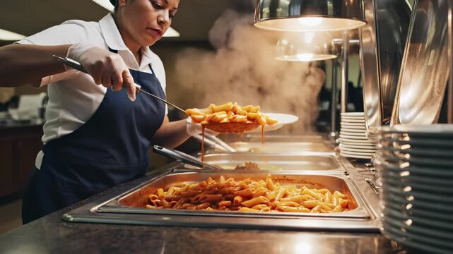 Chef serves pasta from buffet tray with steam in kitchen. Woman worker plates hot pasta at restaurant. Chef serving food from buffet. Kitchen worker plates pasta. Steam rises from hot food tray.