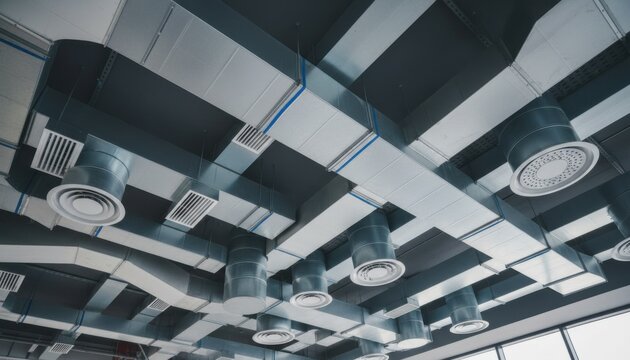 Industrial ceiling with complex network of galvanized steel ventilation ducts and round air diffusers in modern building