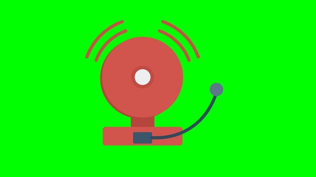 A flat red fire alarm bell is struck by its hammer striker, vibrating while curved sound wave arcs appear on both upper sides, on a green screen.