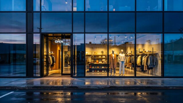 Modern clothing store storefront with illuminated glass windows at dusk