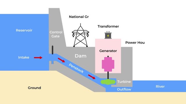 2D animation vector diagram showing how hydroelectric power plants work with reservoir, intake, dam, turbine, generator, and national grid.