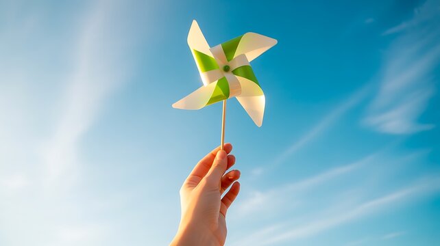 Hand holding a colorful pinwheel against a clear blue sky on a sunny day