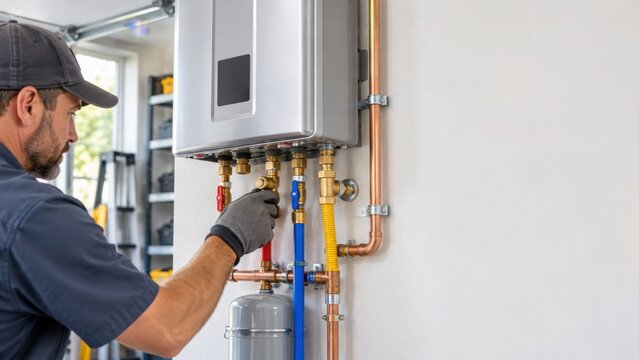 Tankless water heater wall install with plumber adjusting fitting, detail banner copy space