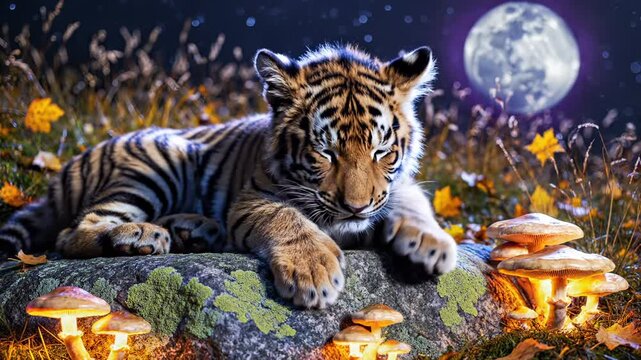 Tiger cub lies on mossy rock with glowing mushroom near. Magical forest with tiger under moon. Cub rests near mushroom glow. Fantasy tiger cub on rock. Moon illuminates magical forest mushroom.