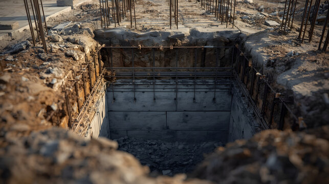 Deep excavation pit with concrete foundation and rebar at a construction site.