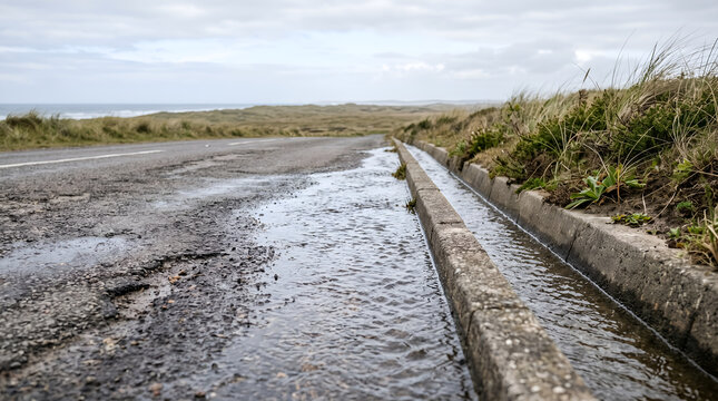 Coastal roadway drainage managing floodwater, suitable for municipal infrastructure planning, climate adaptation reports, engineering communication, and flood resilience campaigns.