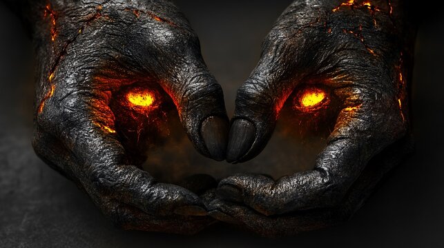 Two demonic hands with glowing eyes forming a heart shape.