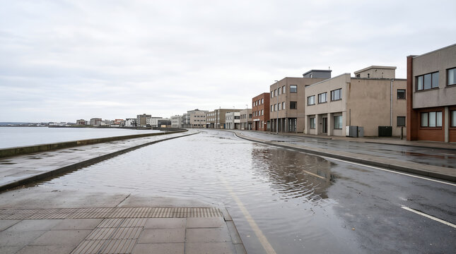 Coastal floodwater affecting access to a generic commercial district, suitable for business continuity, property risk, insurance, ESG reports, and climate resilience advertising.