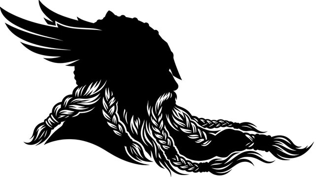 Viking warrior silhouette with winged helmet and braided beard, Norse mythology god profile, black and white tribal mascot for gaming and sports